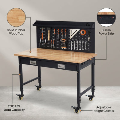 Adjustable Height Workbench Built for Heavy-Duty Projects, 48" Solid Wood Top, 2000 LBS Capacity, Power Strip