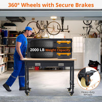 Work Bench 48" Adjustable Height, Heavy-Duty Portable Workbench with Power Outlets and Drawer for Garage & Workshop, 2000 LBS Load Capacity Large Pegboard, Work Table for Office, Home, Easy Assembly