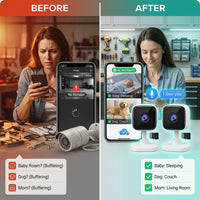2K Cameras for Home Security Dual-Band 5G/2.4Ghz Wifi Indoor Camera Baby Monitor & Pet Camera for Dog Cat Elder AI Motion Detect 2-Way Audio Night Vision 24/7 Local Recording SD Cloud Storage 2 Pack — Before & After