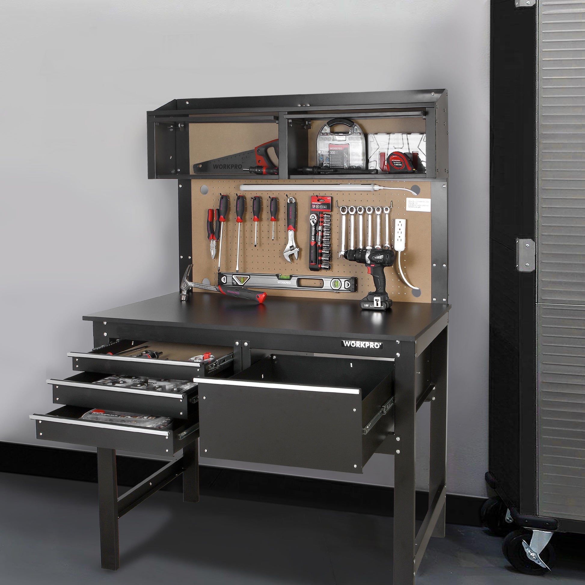 2-In-1 48-Inch Workbench and Cabinet Combo with Light, Steel, Wood