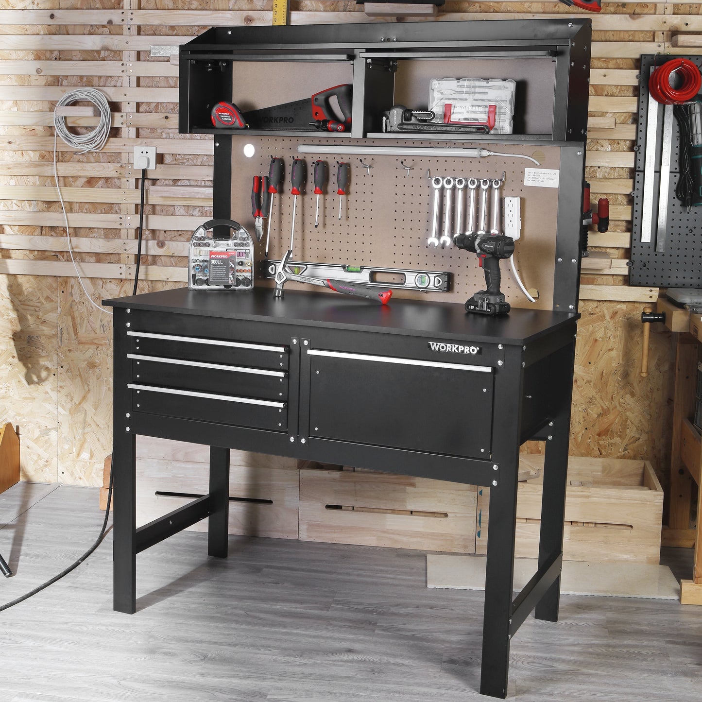 2-In-1 48-Inch Workbench and Cabinet Combo with Light, Steel, Wood