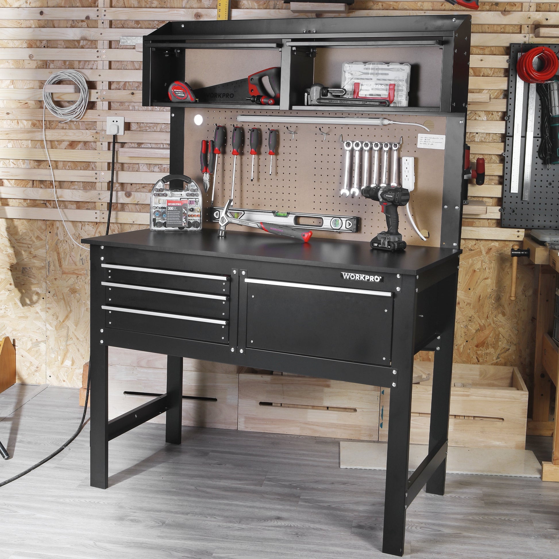 2-In-1 48-Inch Workbench and Cabinet Combo with Light, Steel, Wood