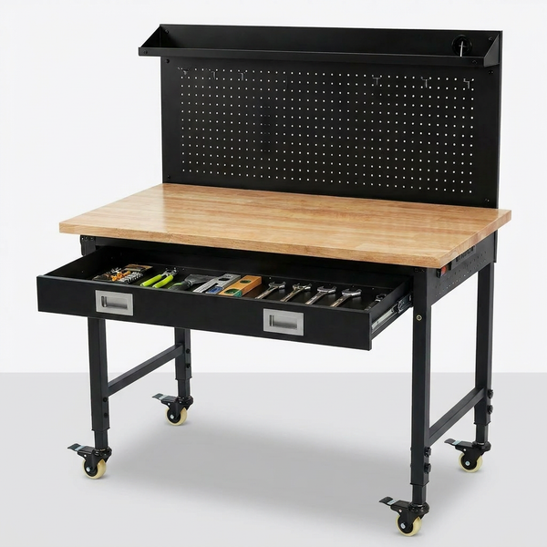 Adjustable Height Workbench Built for Heavy-Duty Projects, 48" Solid Wood Top, 2000 LBS Capacity, Power Strip