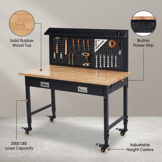 Work Bench 48" Adjustable Height, Heavy-Duty Portable Workbench with Power Outlets and Drawer for Garage & Workshop, 2000 LBS Load Capacity Large Pegboard, Work Table for Office, Home, Easy Assembly — infographic