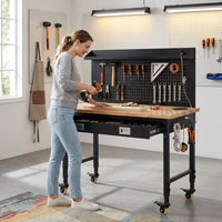 Work Bench 48" Adjustable Height, Heavy-Duty Portable Workbench with Power Outlets and Drawer for Garage & Workshop, 2000 LBS Load Capacity Large Pegboard, Work Table for Office, Home, Easy Assembly — Lifestyle