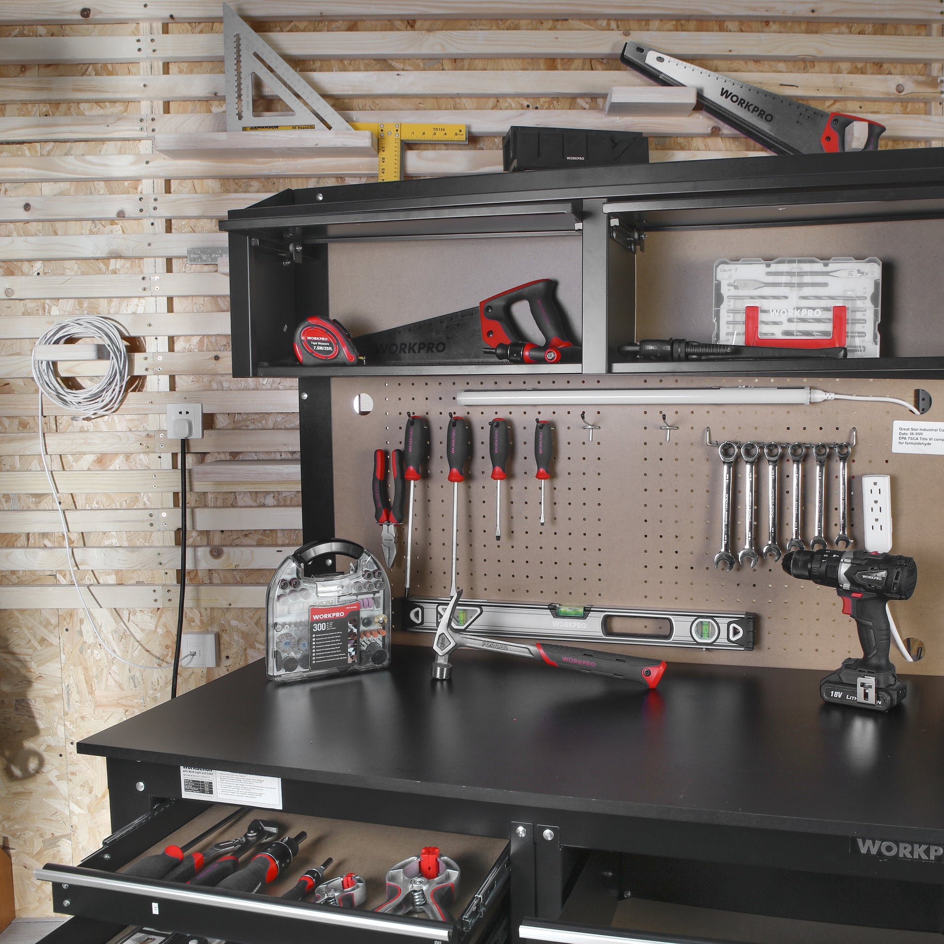 2-In-1 48-Inch Workbench and Cabinet Combo with Light, Steel, Wood
