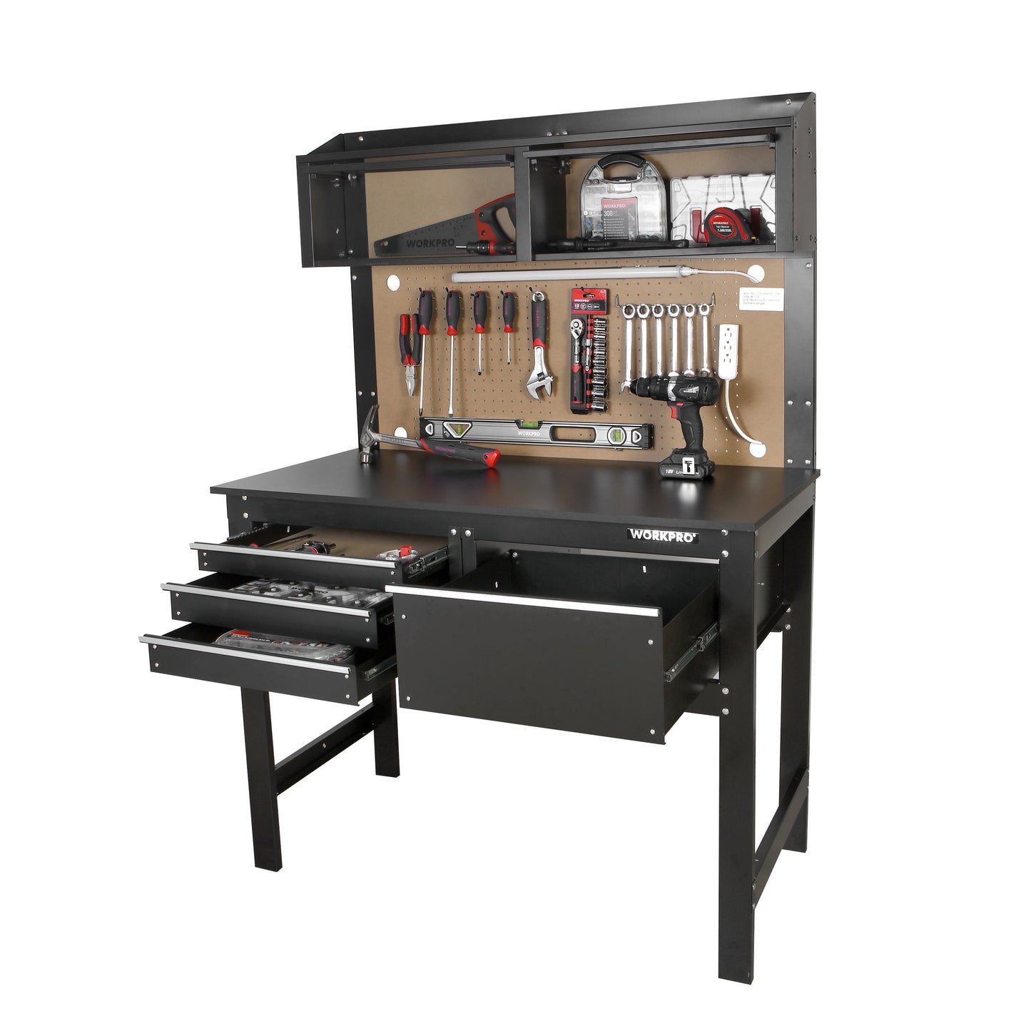 2-In-1 48-Inch Workbench and Cabinet Combo with Light, Steel, Wood