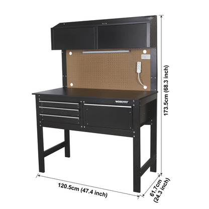 2-In-1 48-Inch Workbench and Cabinet Combo with Light, Steel, Wood